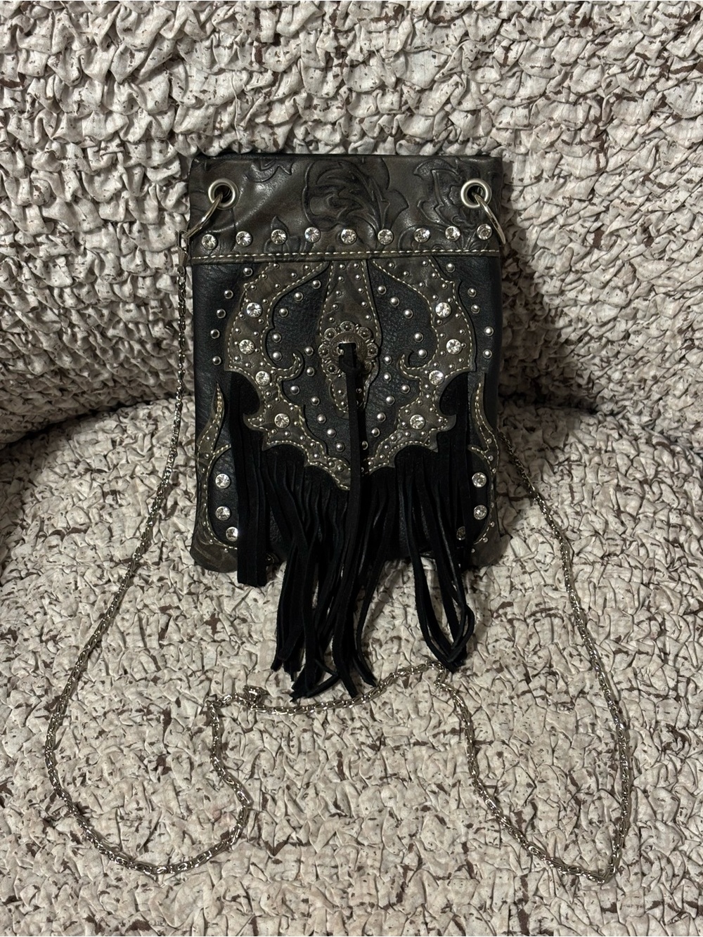 Western Fringed Black Studded Crossbody Bag with Silver Chain